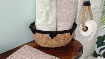 Hair dryer, towels, toilet paper