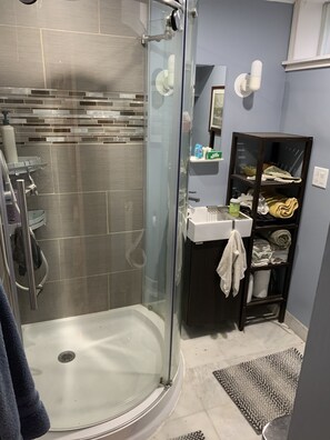 Shower, hair dryer, bidet, towels