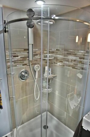 Shower, hair dryer, bidet, towels