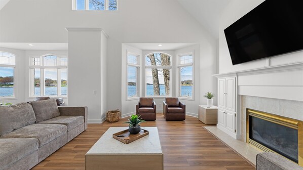 Smart TV, chimenea, libros, estéreo