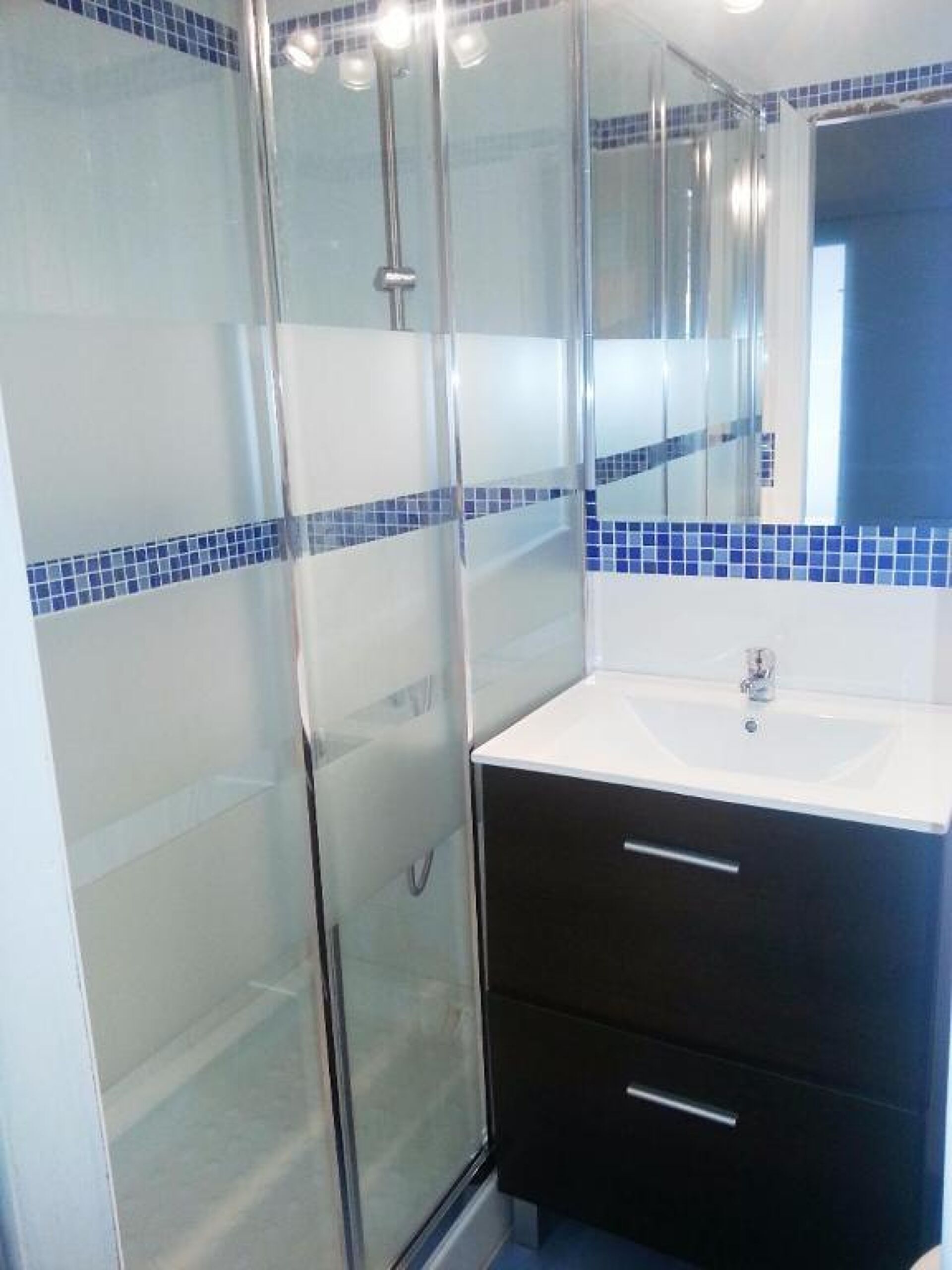 Een badkamer met een douchecabine van glas, een witte wastafel en een donkere badkamerkast.