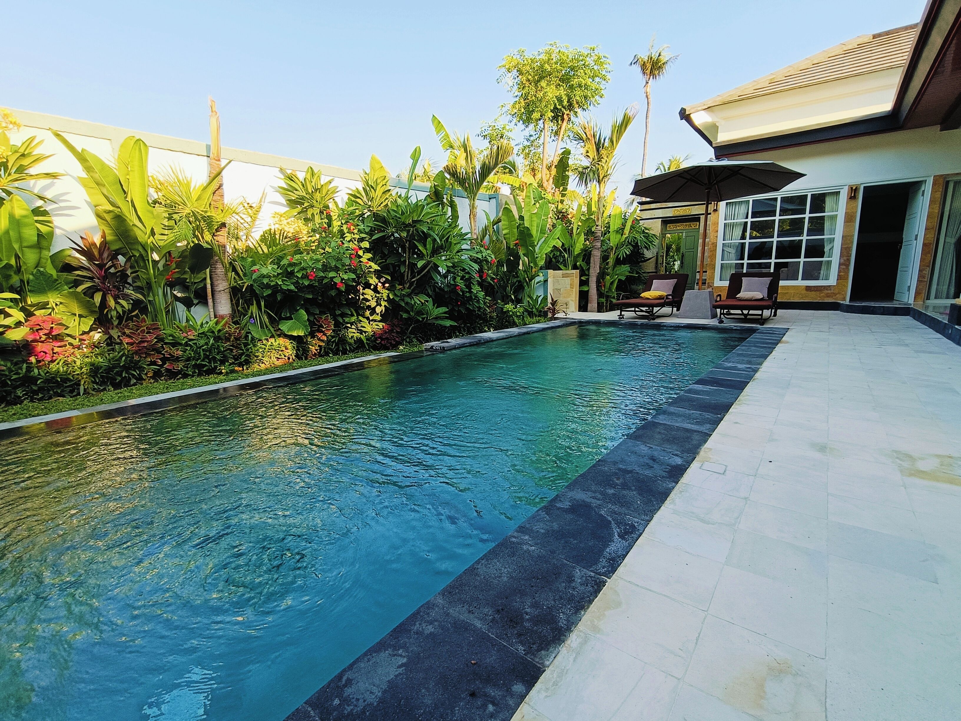 Ein Schwimmbecken mit einer Fliesenbordur, umgeben von üppiger Bepflanzung und einer Terrasse mit Gartenmöbeln.