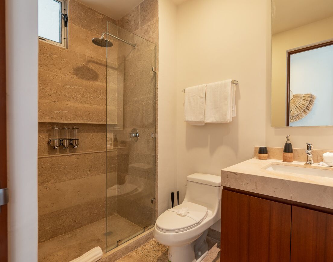 A modern bathroom with a glass-enclosed shower, a toilet, and a sink with a mirror above it.