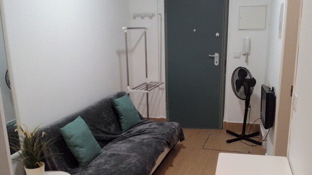 A compact living space with a sofa, a small round table, a chair, a standing fan, and a TV.