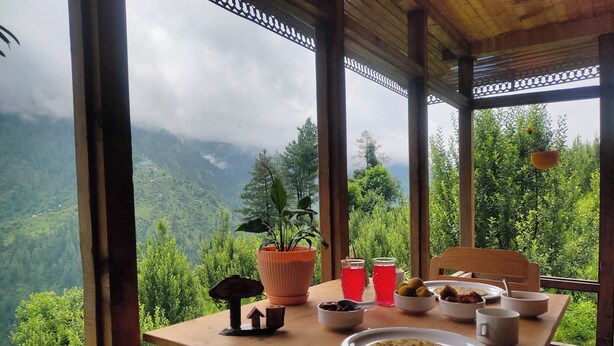 A wooden table with a plate of food, a potted plant, and a view of a mountainous landscape through large windows.
