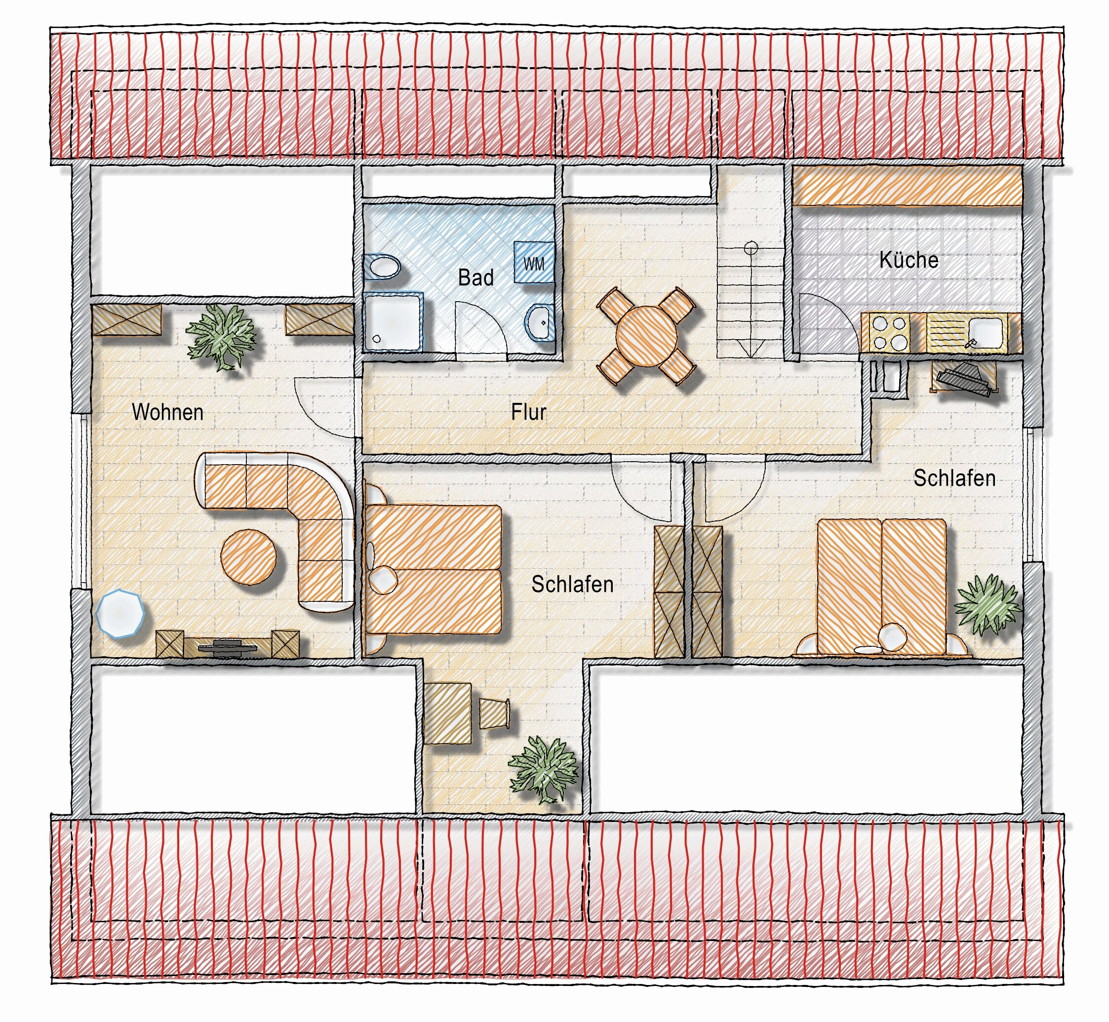 A floor plan of a house with labeled rooms: Wohnen, Bad, Flur, Küche, and Schlafzimmer.