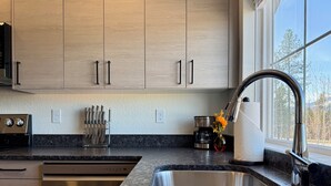 A modern kitchen with stainless steel appliances, a granite countertop, and a window with a view of trees. - Homestead Village - Two Bedroom Condo Top Floor (Sandpoint)