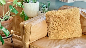 Un sofá de cuero color bronce con un cojín mullido, rodeado de plantas en macetas, un mueble de madera y una ventana con cortinas.