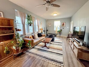 Smart TV, DVD player, books, computer monitors
