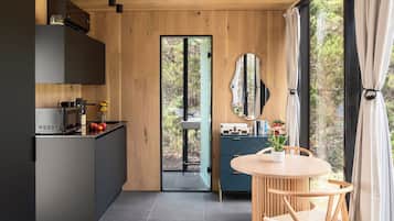 Fridge, microwave, stovetop, coffee/tea maker