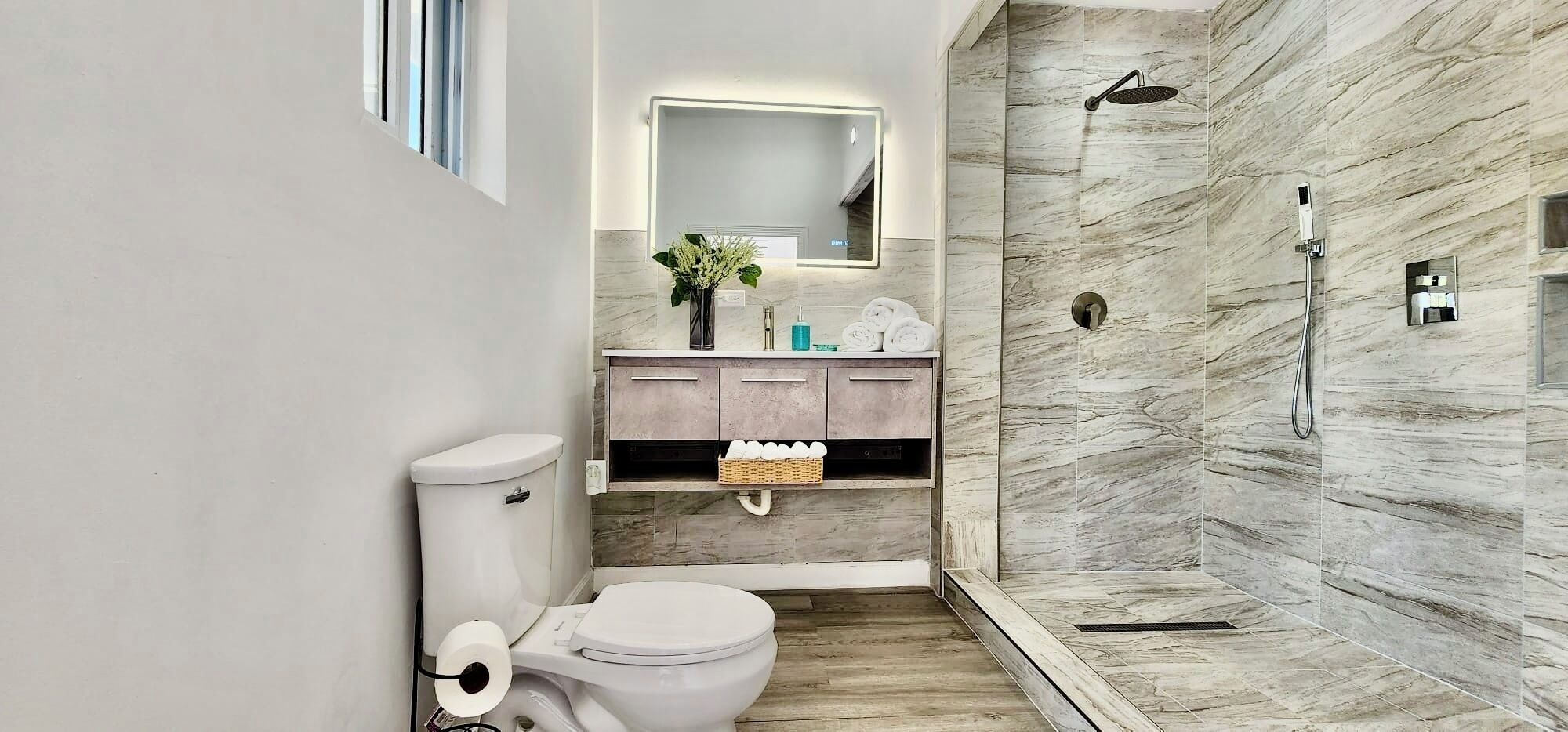 Hair dryer, towels, soap, toilet paper