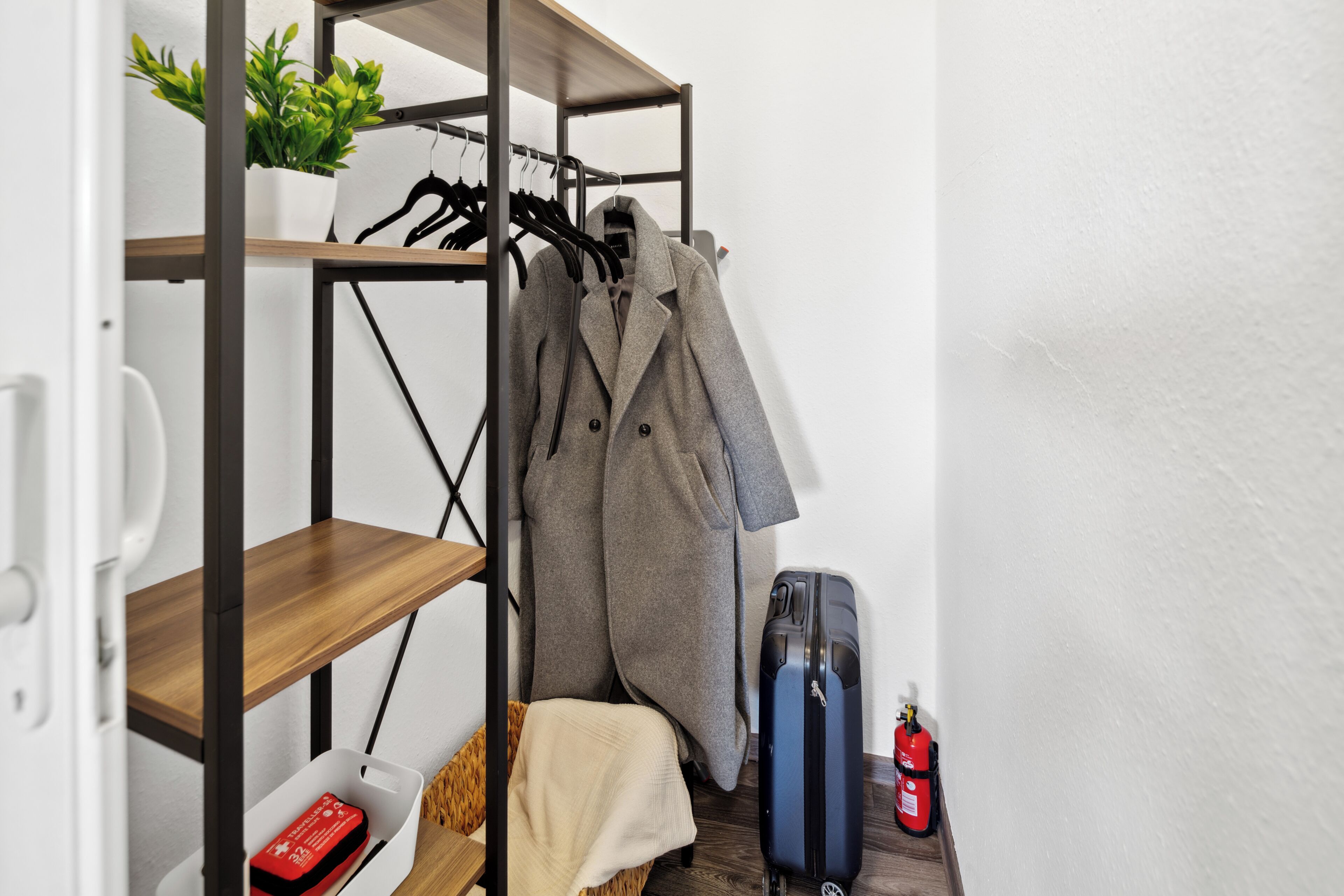 A compact room with a metal shelving unit, a suitcase, a fire extinguisher, and a small plant.