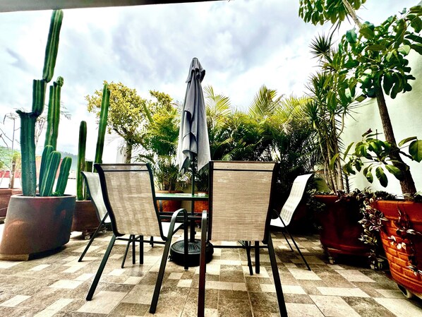 An outdoor patio with a table and chairs, surrounded by potted plants and a cactus.