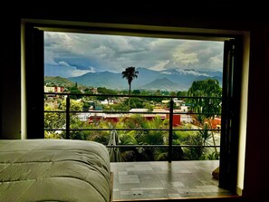 A balcony with a view of a cityscape, mountains, and a palm tree.
