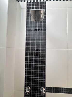 Chuveiro, secador de cabelo, toalhas de banho, sabonete