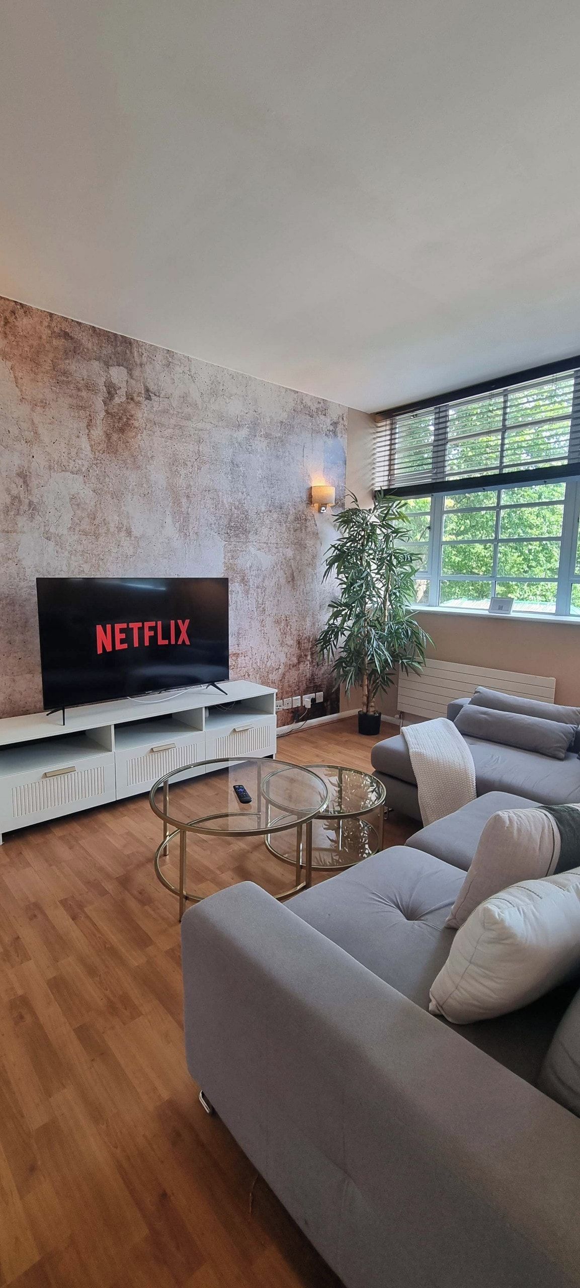A living room with a flat-screen TV, a sofa, a coffee table, and a potted plant.