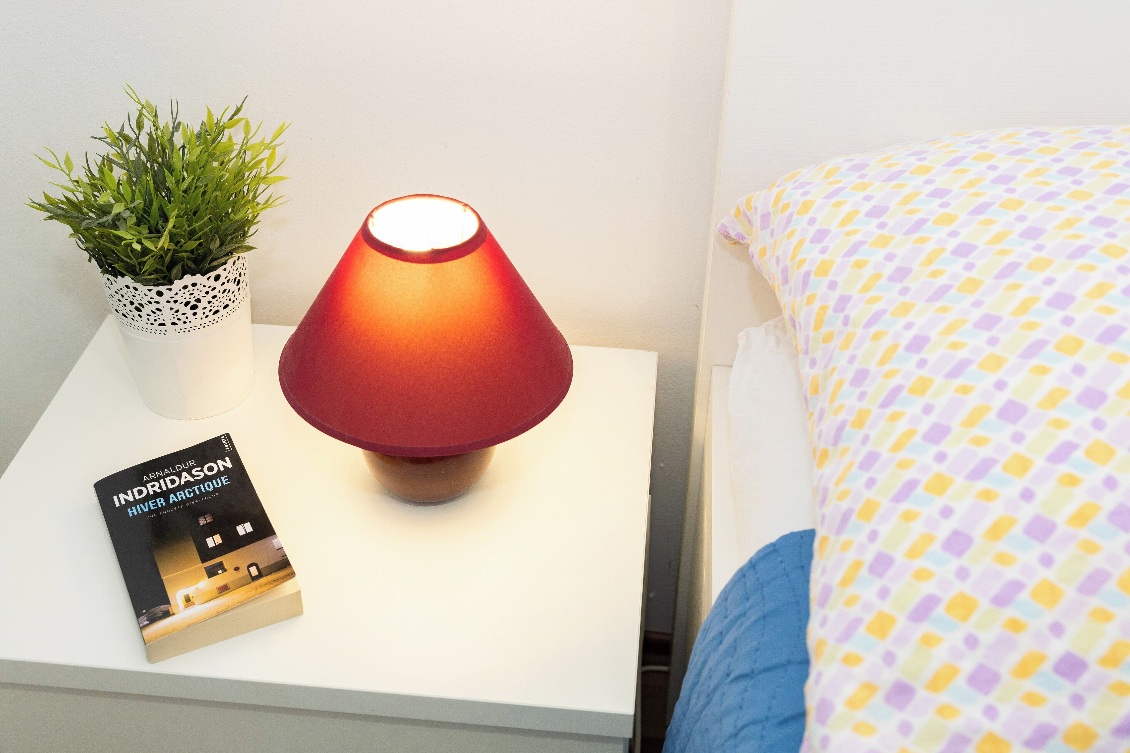 A bedside table with a red lamp, a potted plant, and a book titled "Indridason Hiver Arctique".