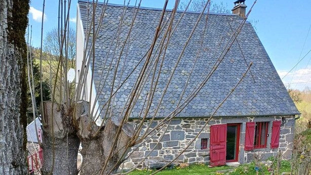 Una casa de piedra con techo empinado y contraventanas rojas, rodeada de un césped con árboles y flores silvestres.