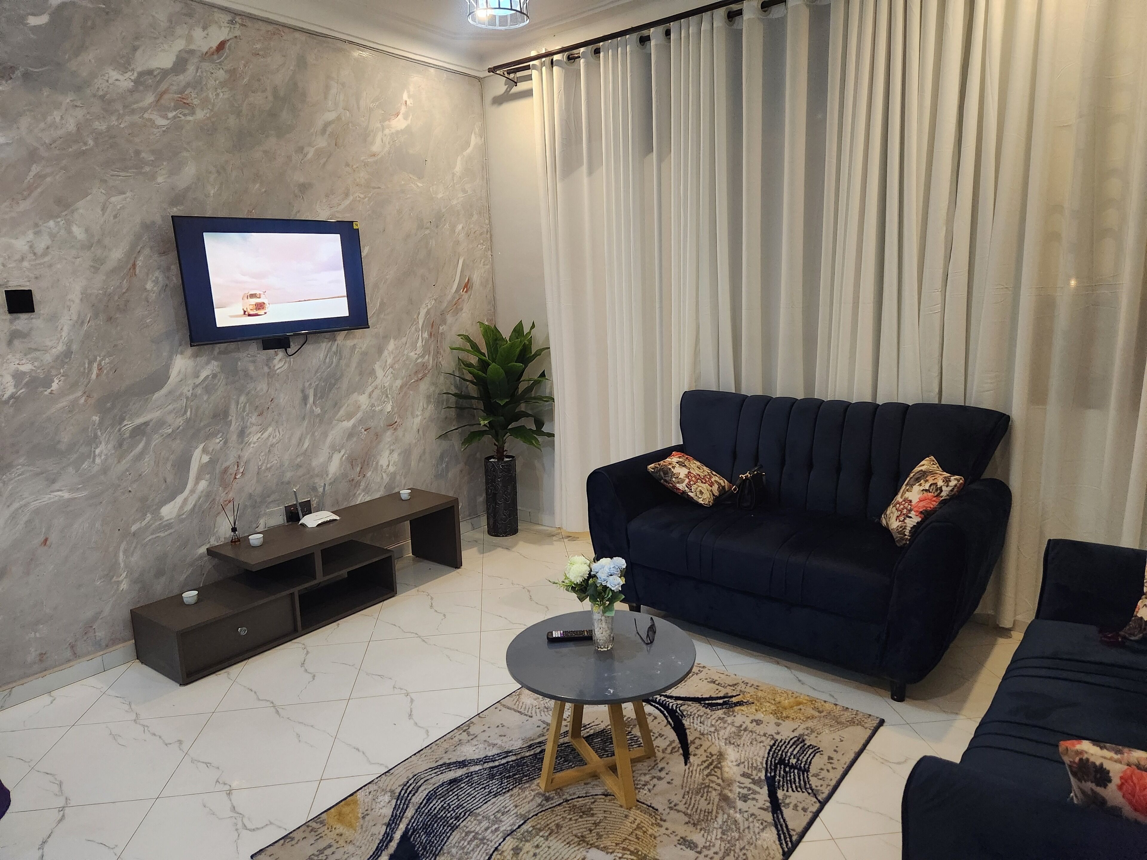 A modern living room with a dark blue sofa, a flat-screen TV mounted on a textured wall, a small coffee table, and a large potted plant.