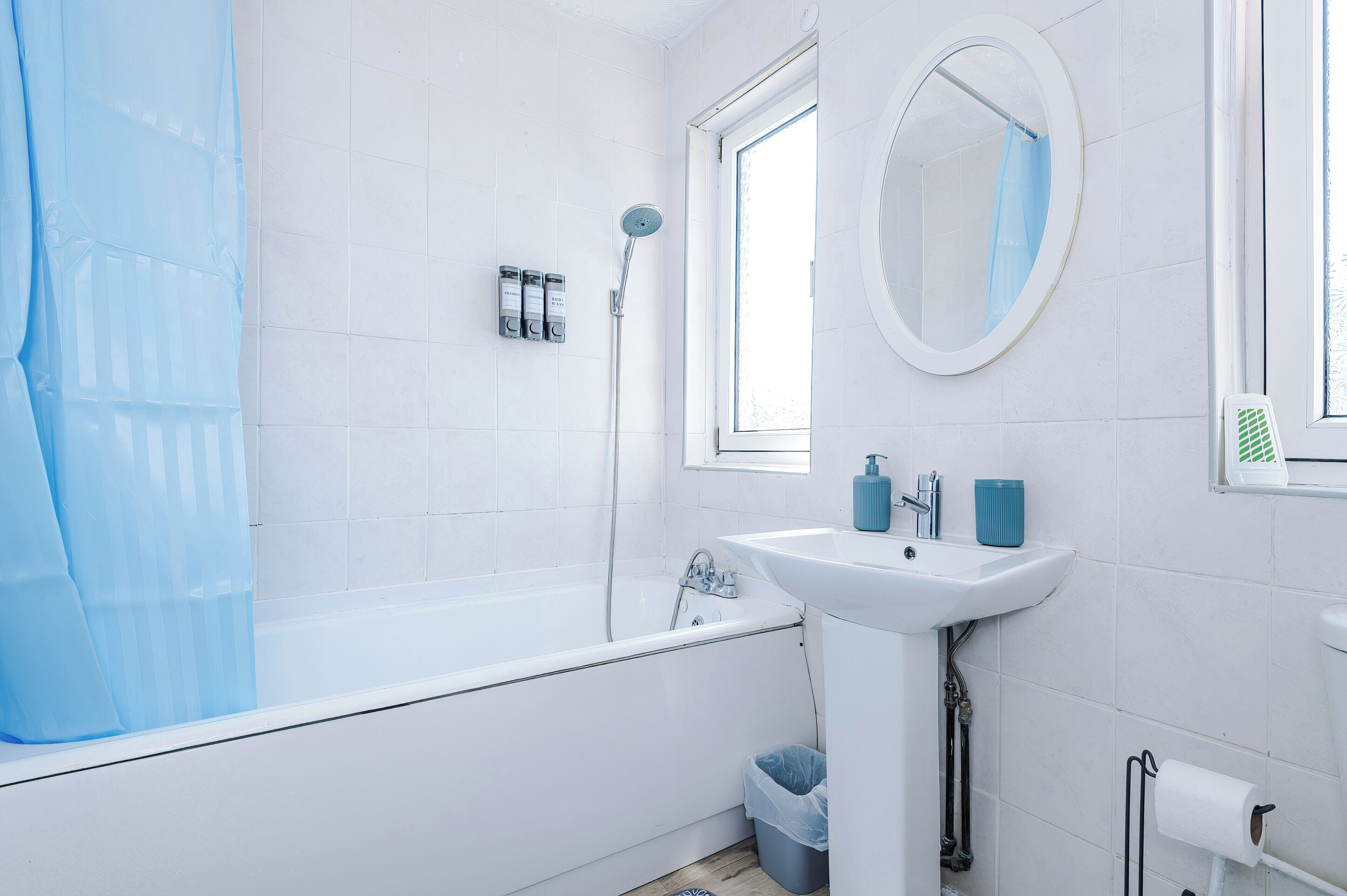 Hair dryer, towels, soap, toilet paper