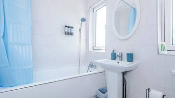 Hair dryer, towels, soap, toilet paper