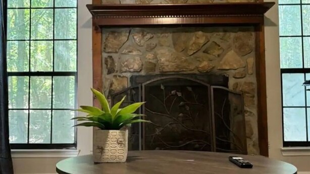 A room with a stone fireplace, a round table with a potted plant, and a fireplace screen.