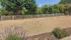 A garden with gravel paths, lavender plants, and a wooden fence. - 1 bedroom accommodation in Walcott (Walcott)