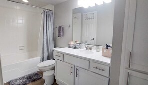 Hair dryer, towels, soap, toilet paper