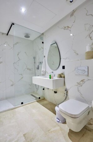 Douche, serviettes fournies, papier toilette