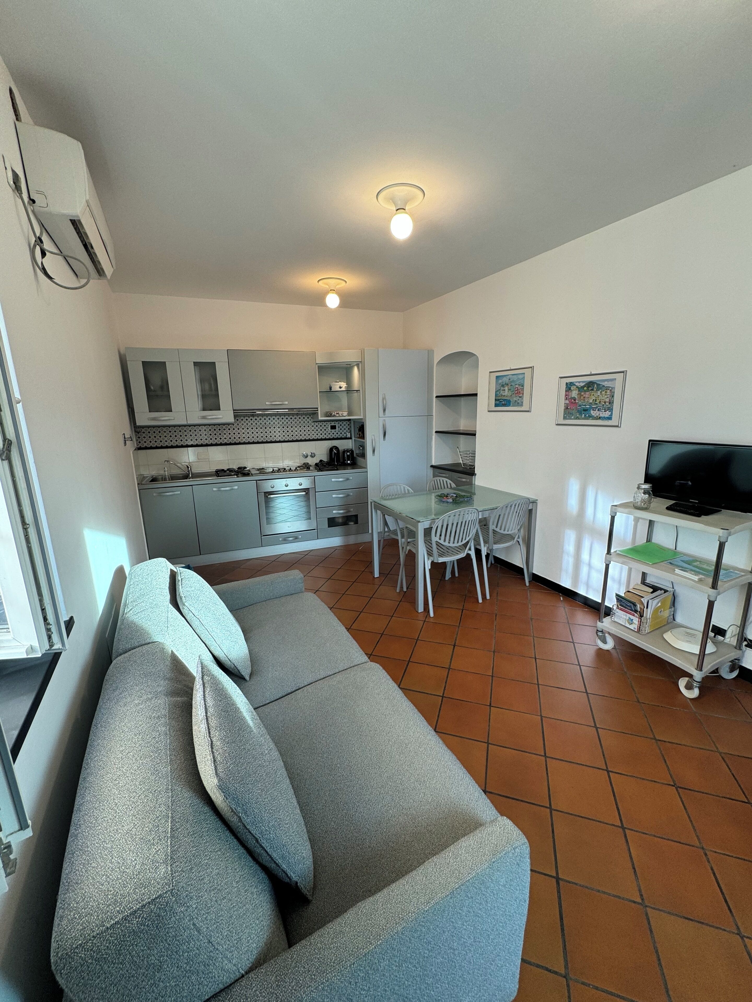 A compact kitchen with modern appliances, a dining area with a table and chairs, and a sofa in the living area.