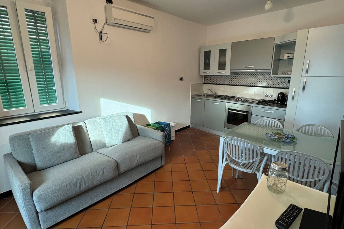 Un espace de vie compact comprenant un canapé, une table à manger et une kitchenette.