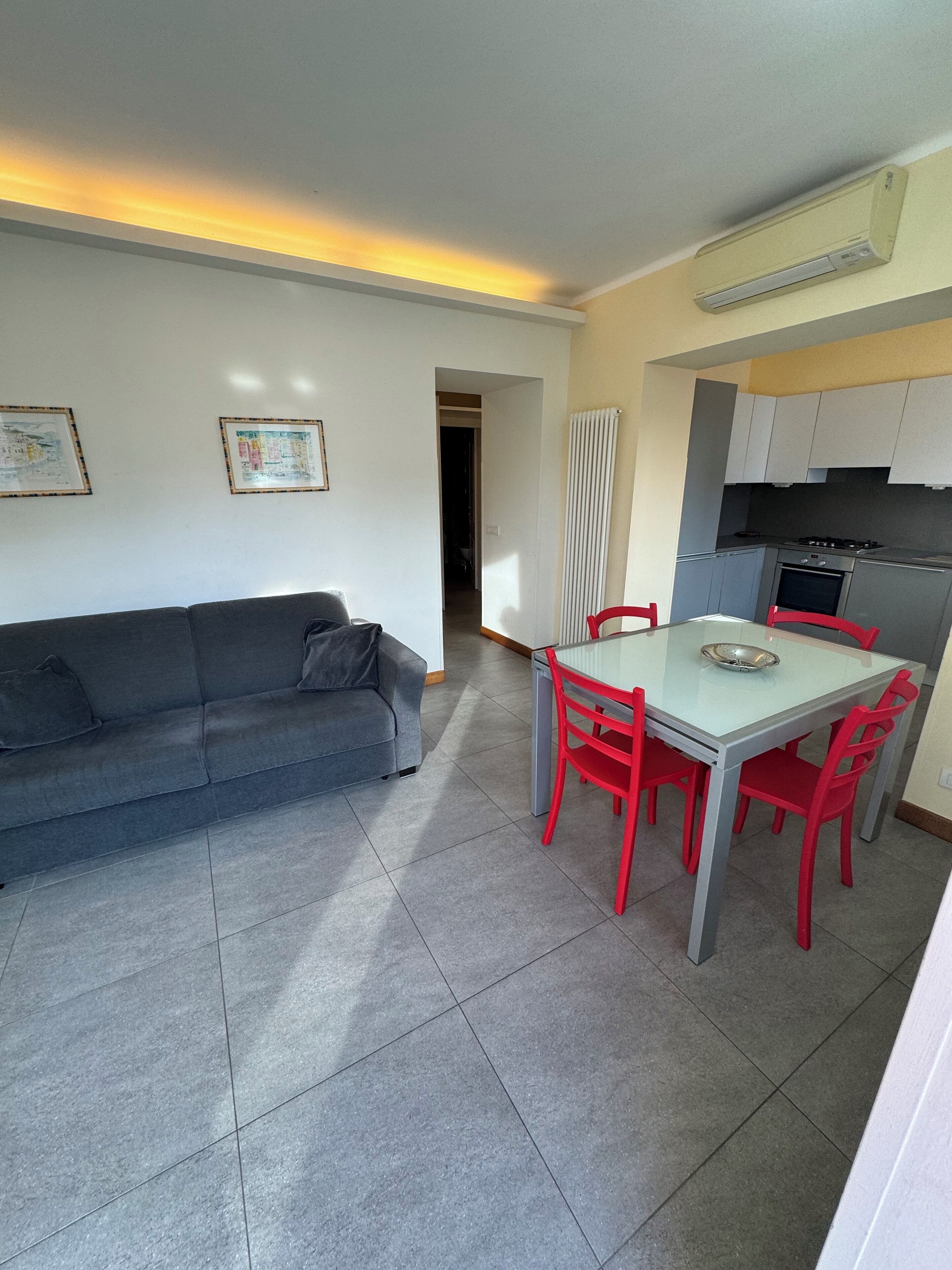 A modern living room with a grey sofa, a glass dining table with red chairs, a kitchen with grey cabinets, and a white radiator.