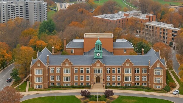 A large, historic building with a central clock tower, surrounded by a well-maintained lawn and a curved road.