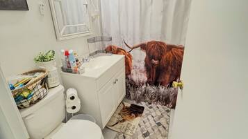 Hair dryer, towels, soap, shampoo