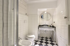 Shower, hair dryer, bidet, towels