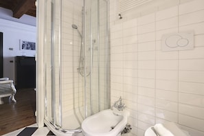 Douche, sĂšche-cheveux, bidet, serviettes fournies