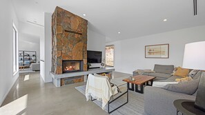 Smart TV, fireplace, books