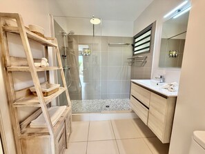 Regadera, secadora de cabello, toallas