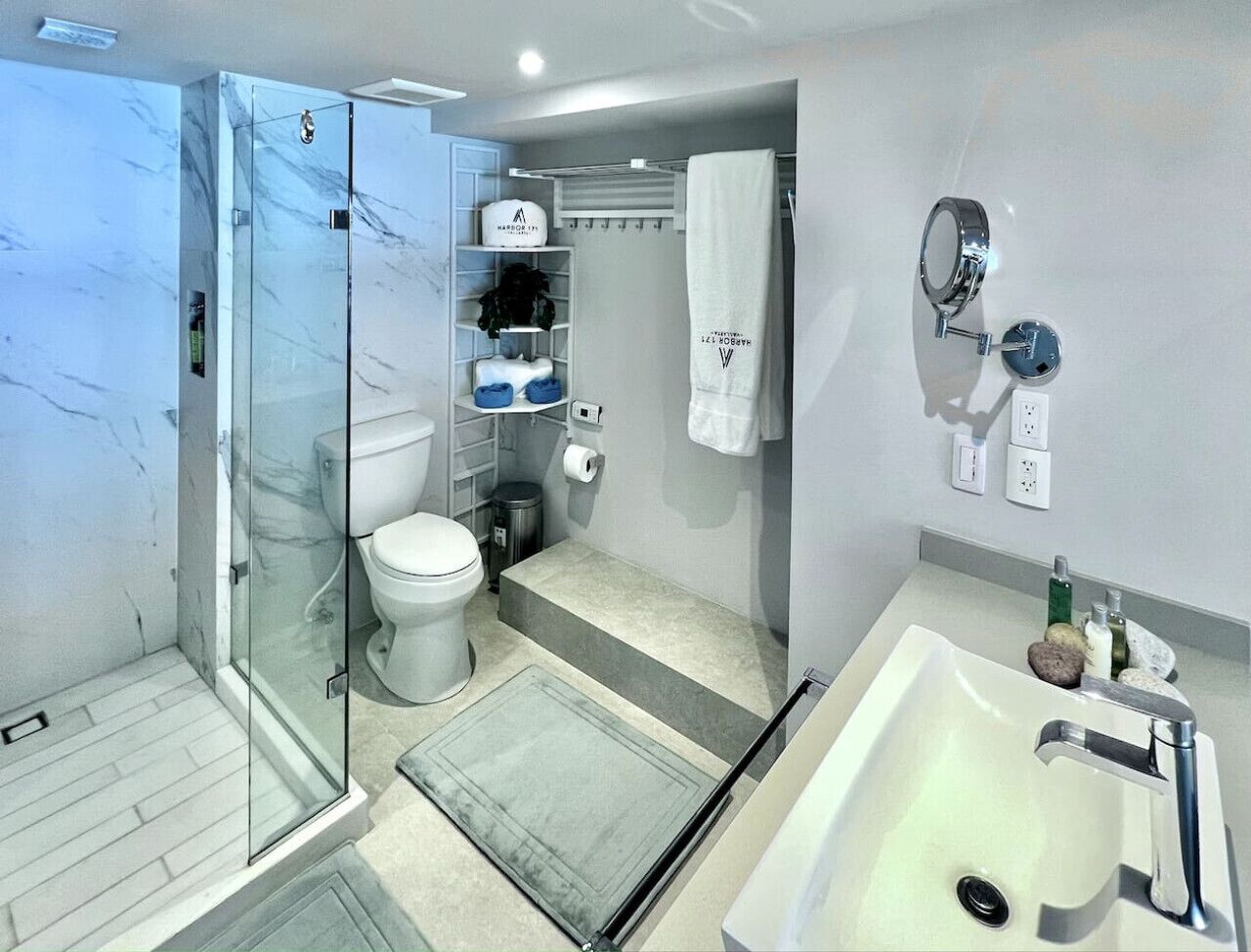 A modern bathroom with a glass-enclosed shower, a white toilet, a sink with a mirror, and a towel rack.