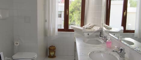 Hair dryer, bidet, towels, soap
