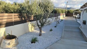 Un camino pavimentado que conduce a una entrada con portón, rodeado de grava blanca y plantas pequeñas.