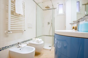 Shower, hair dryer, bidet, towels