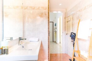Shower, hair dryer, bidet, towels