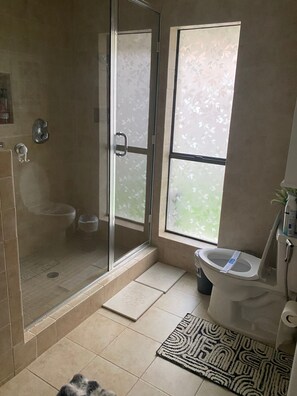 Regadera, secadora de cabello, bidet, toallas 