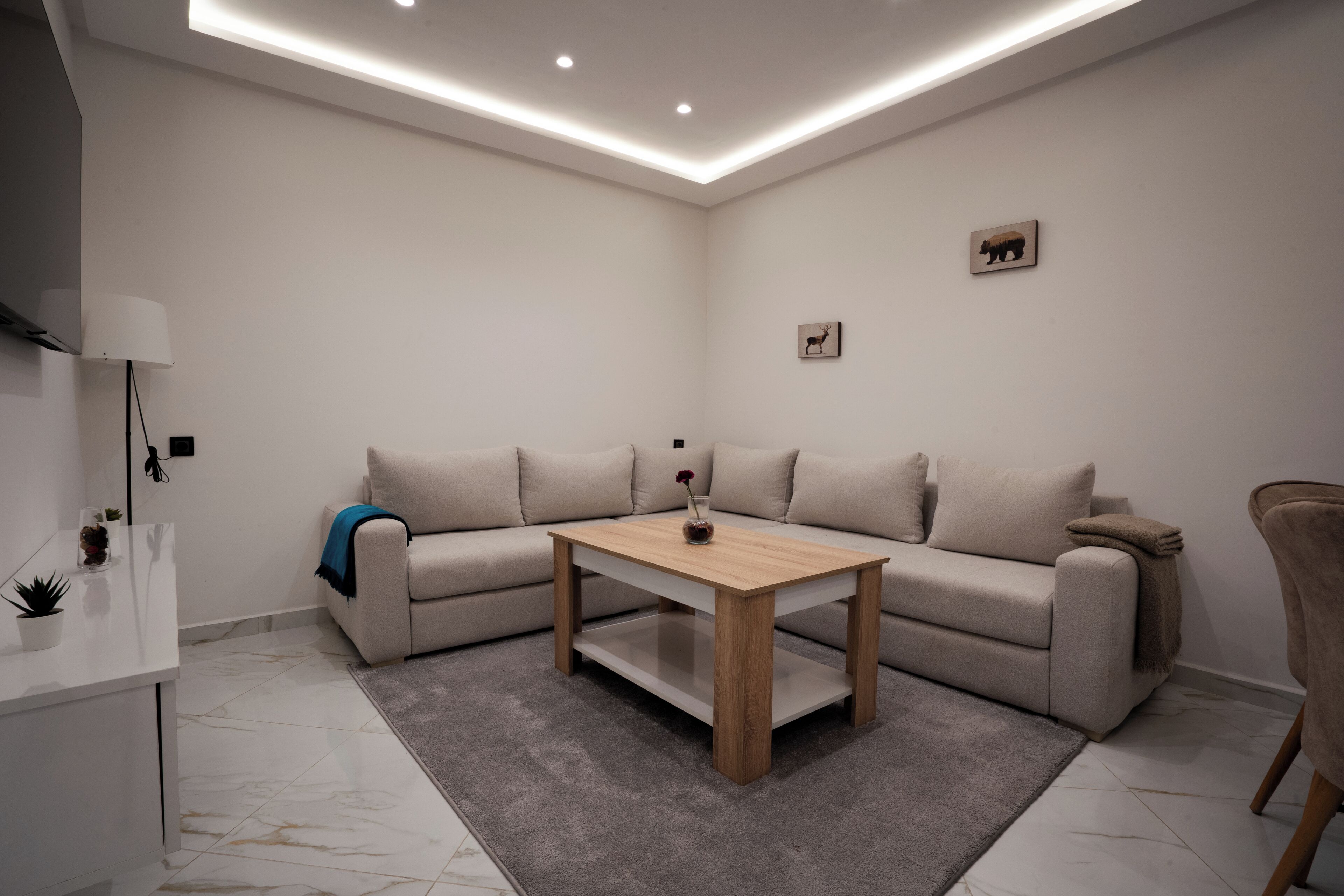 Ett modernt vardagsrum med en beige soffa, ett soffbord i trä och en grå matta.