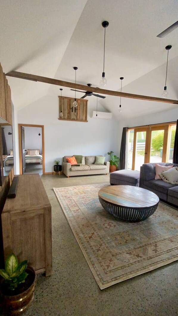 Smart TV, fireplace, books