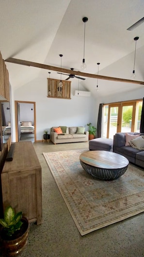 TV connectée, cheminée, livres