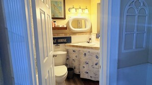 Un couloir étroit mène à une salle de bain équipée de toilettes, d’un lavabo et d’un miroir décoratif.