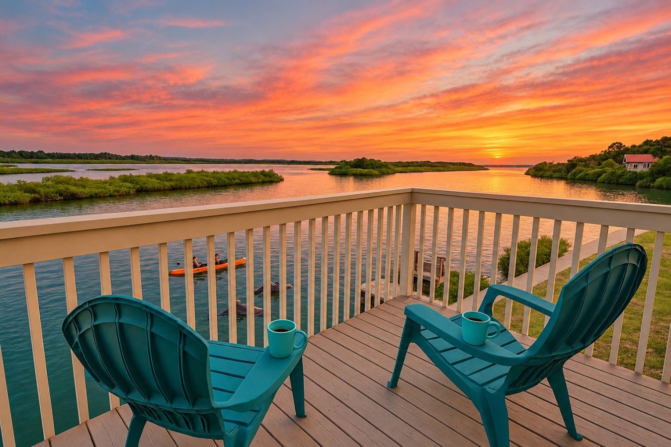 A deck with two chairs and a table, overlooking a body of water with kayaks.