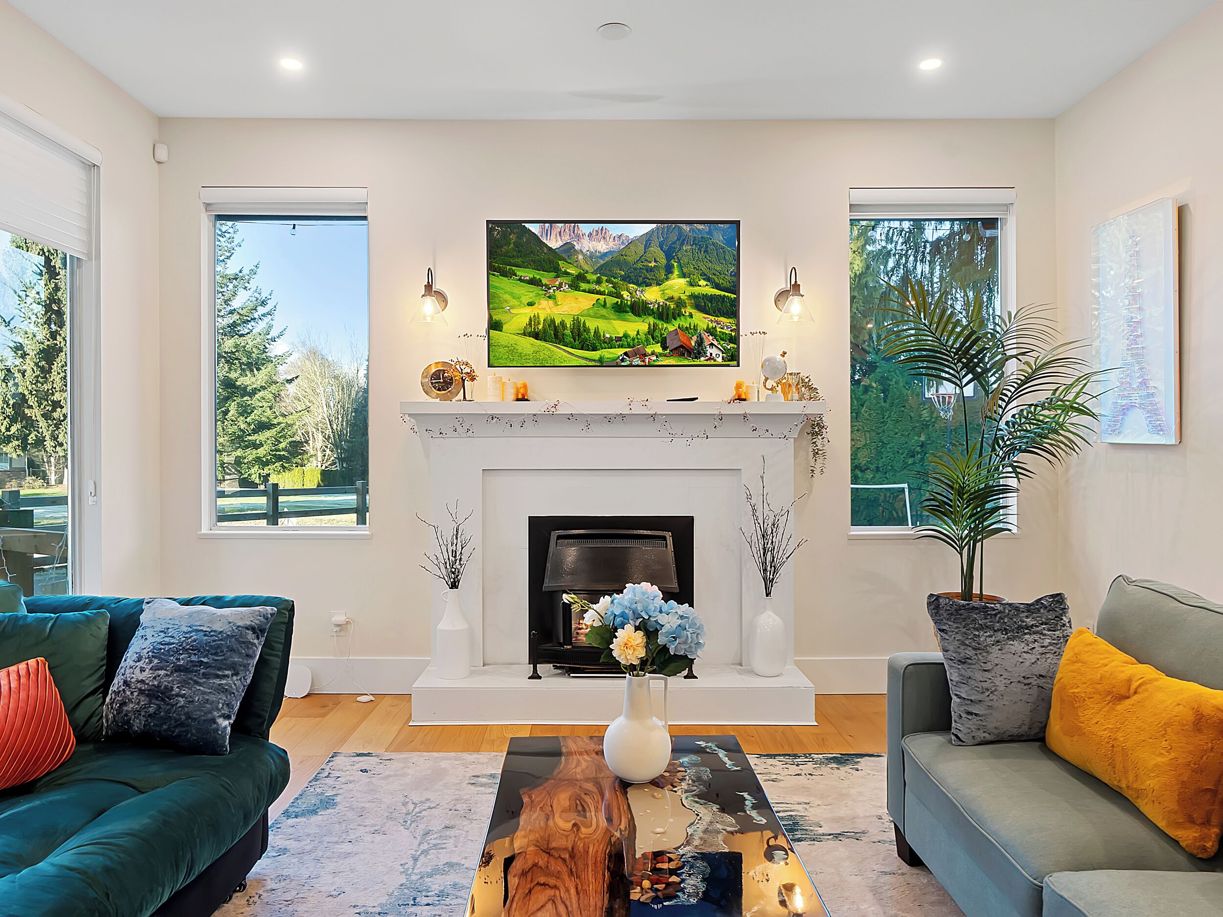 Smart TV, fireplace, table football, books